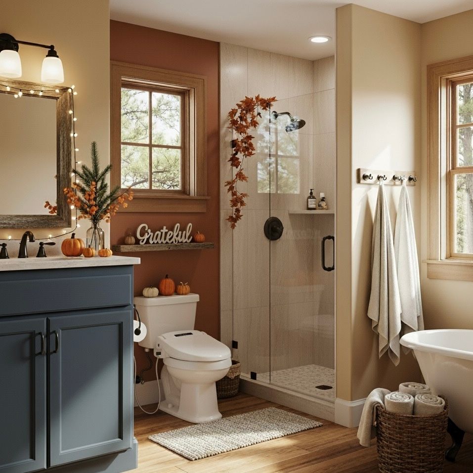 Cozy bathroom decorated for fall with blue vanity, pumpkins, and a shower.