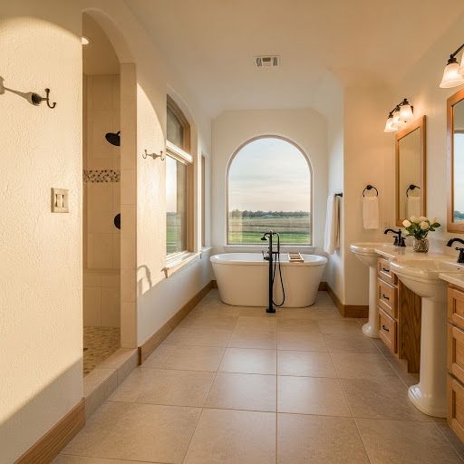 A bathroom with a tub , sinks , and a shower.