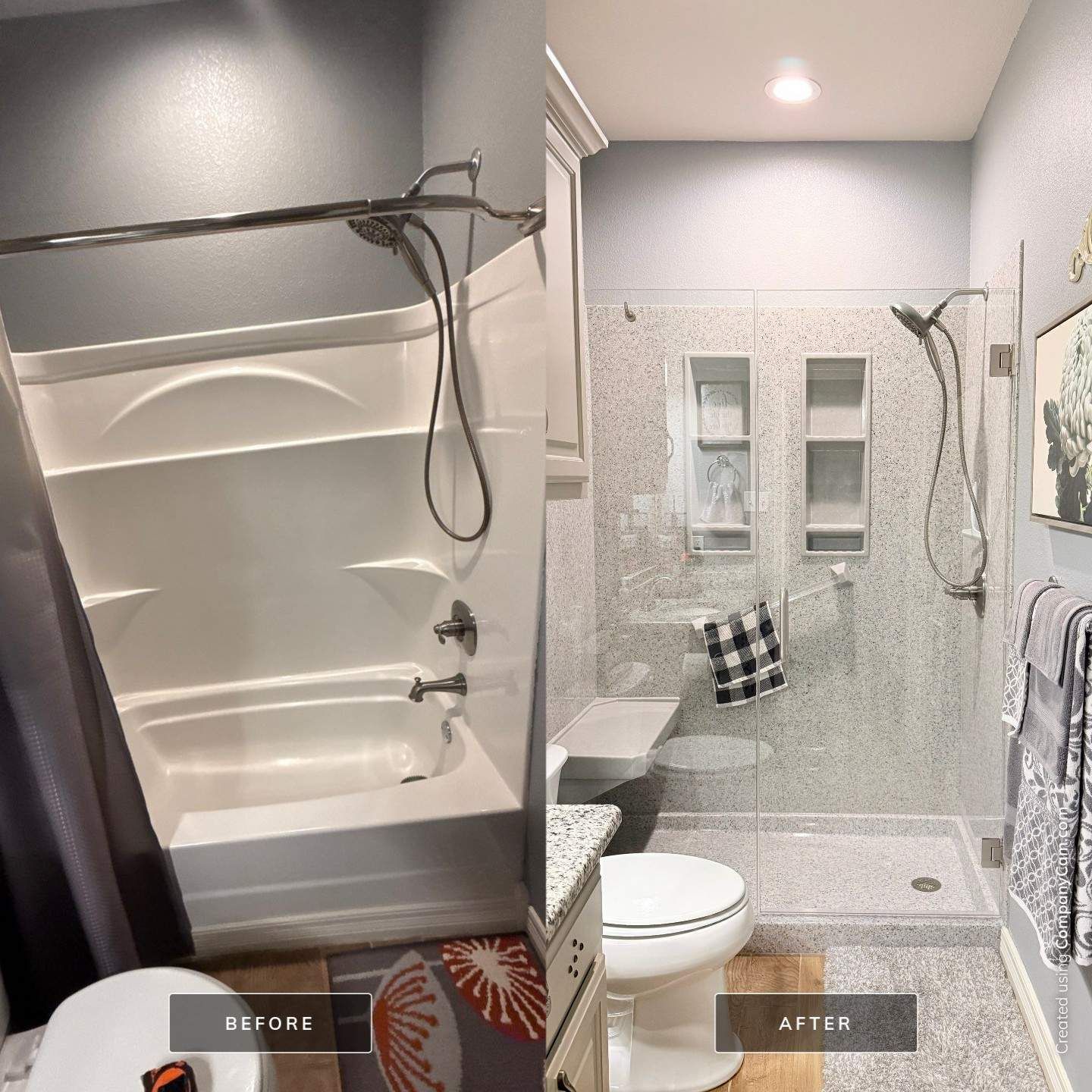 Bathroom remodel: Before shows white tub; After shows gray tile shower with glass, shelves, and art.