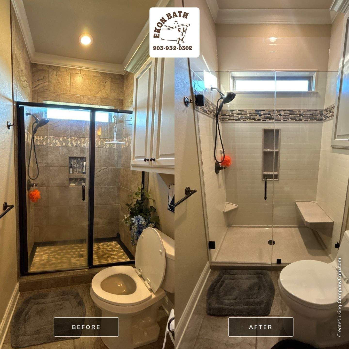 Bathroom remodel before and after. Shower with glass doors. Light tan tile. White cabinetry and toilet.