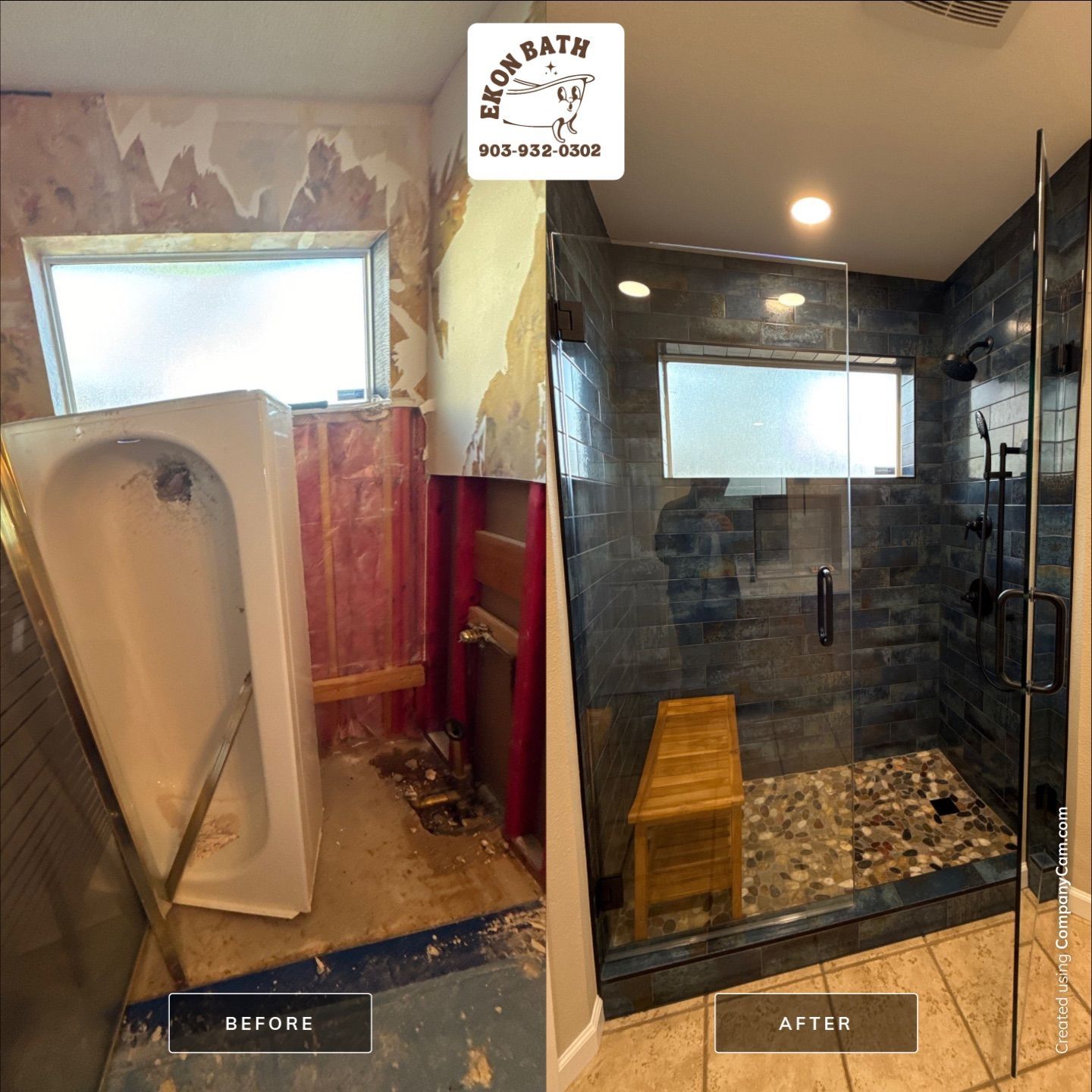 Bathroom remodel comparison: Before shows demolition with old tub. After has new tile shower, bench, and glass door.