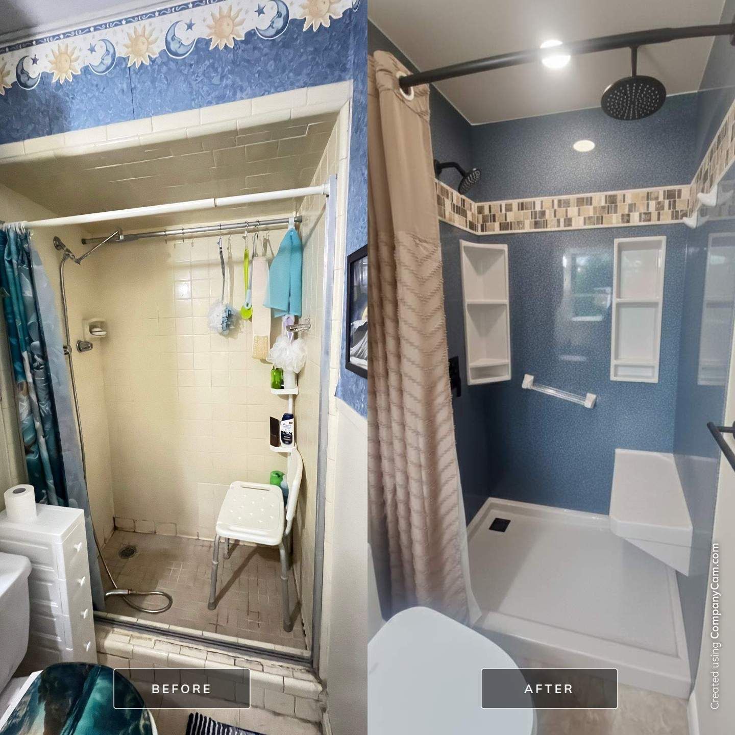 Bathroom renovation: Before shows old shower, after shows modern accessible shower with seat and grab bar.