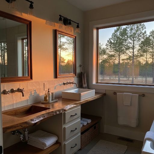 A bathroom with two sinks , two mirrors and a window.