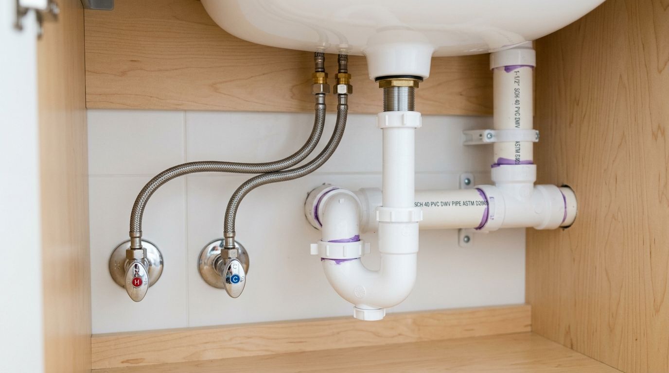 Under-sink plumbing with white PVC drain pipes and two braided water supply lines inside a cabinet