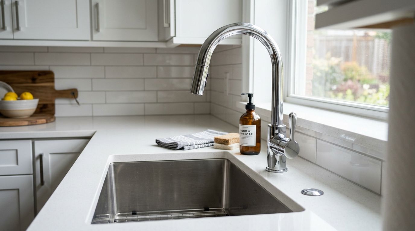 Modern kitchen sink with chrome faucet, white countertops, and a window above the counter