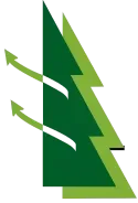 A dark and light green stylized tree icon with two white upward-curving arrows crossing the left side.