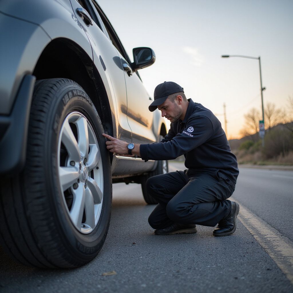 Person in dark uniform checks tire pressure on a car by the road.