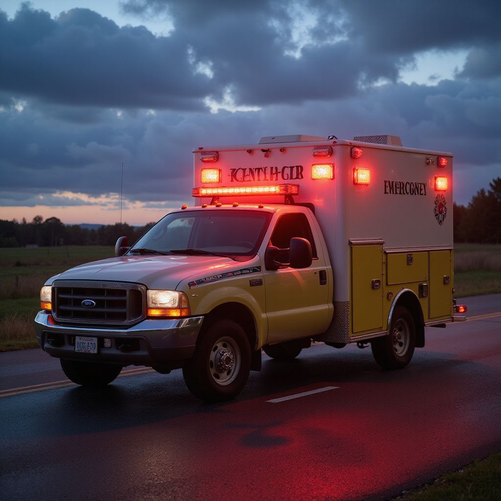 Ambulance driving on a dark road with flashing red lights. Yellow and white vehicle with 