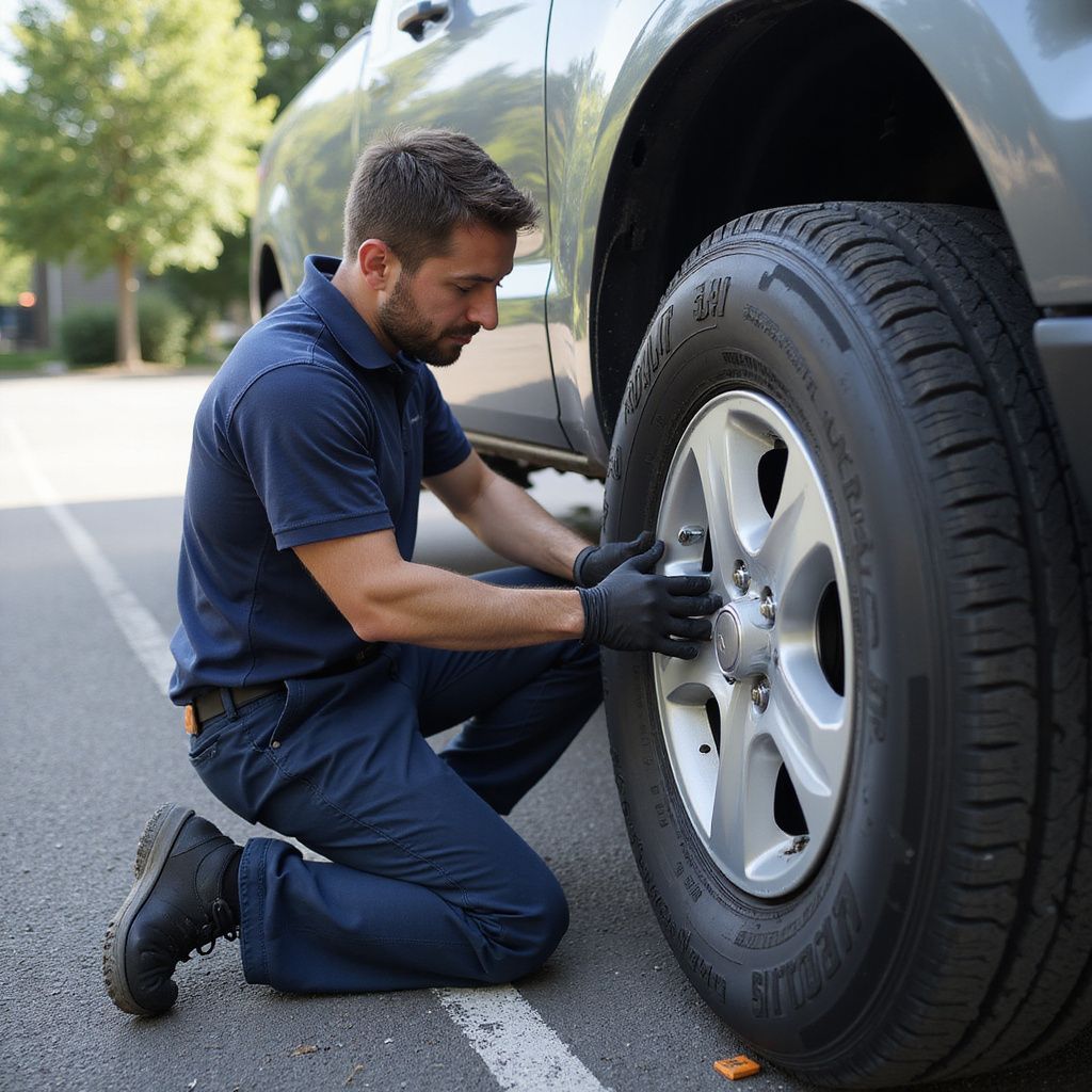 Man in blue uniform kneeling, tightening lug nuts on a car tire in a parking lot.