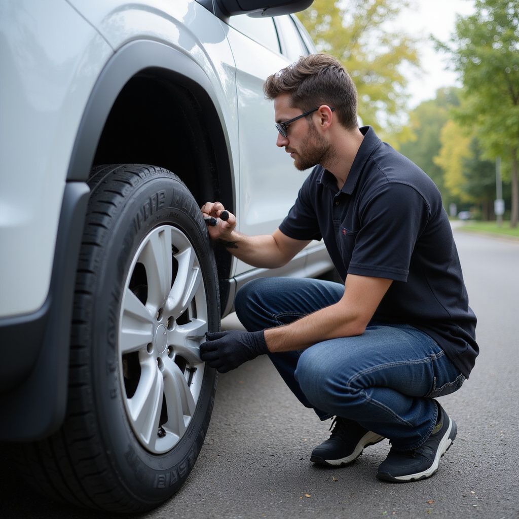 Man checking car tire pressure on a street, wearing glasses, dark shirt, and jeans. White car in background.