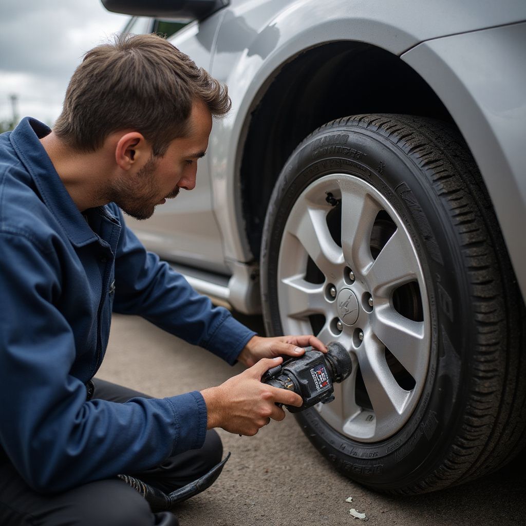 Man in blue shirt using a device on a car tire in an outdoor setting.