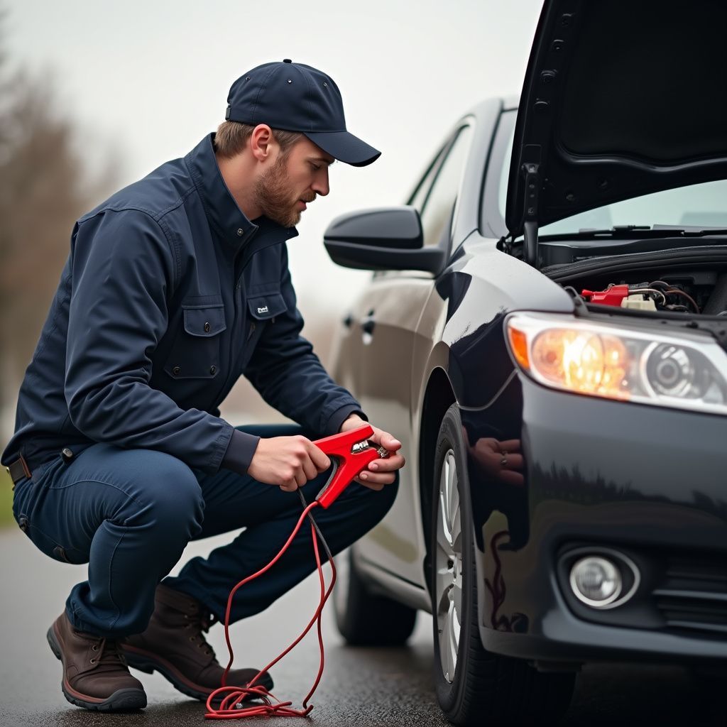 Man using jumper cables on car with open hood. He's crouching on wet road.