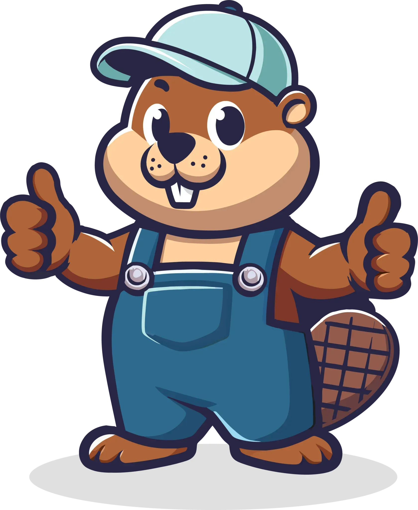 A cartoon beaver wearing overalls and a hat is giving a thumbs up.