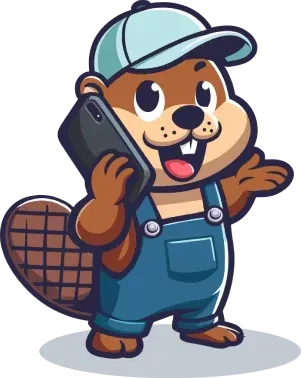 A cartoon beaver wearing overalls and a hat is talking on a cell phone.