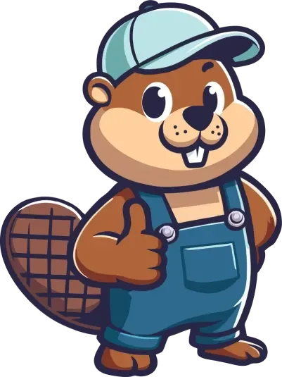 A cartoon beaver wearing overalls and a hat is giving a thumbs up.