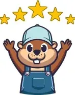 A cartoon illustration of a beaver wearing overalls and a hat.
