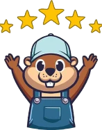 A cartoon illustration of a beaver wearing overalls and a hat.