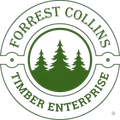 Circular green and white logo featuring three pine trees in the center with text "FORREST COLLINS TIMBER ENTERPRISE."