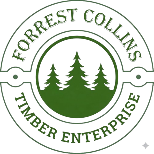 Circular green and white logo featuring three pine trees in the center with text "FORREST COLLINS TIMBER ENTERPRISE."