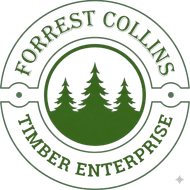 Circular green and white logo featuring three pine trees in the center with text "FORREST COLLINS TIMBER ENTERPRISE."