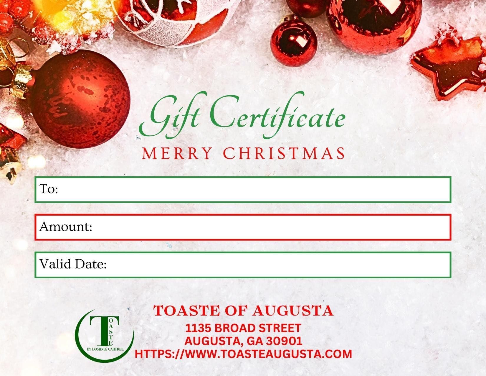Toaste Christmas Gift Certificate — Augusta, GA — Toaste
