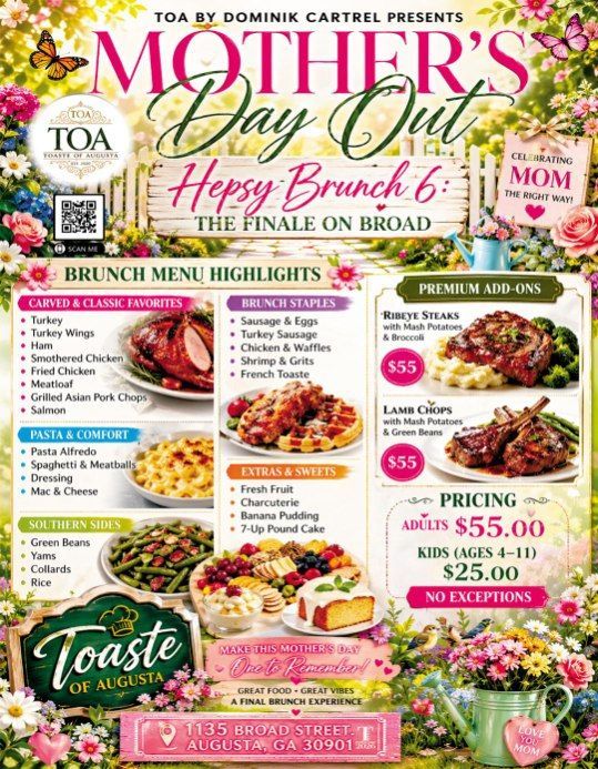Mother’s Day Out brunch flyer with floral border, pink text, food menu highlights, and pricing details