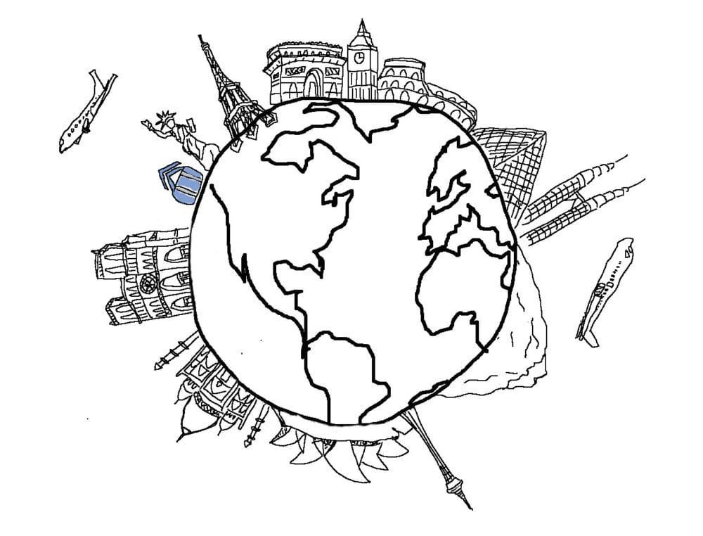 Drawn world with iconic buildings circling it, including the Eiffel Tower and the Statue of Liberty.