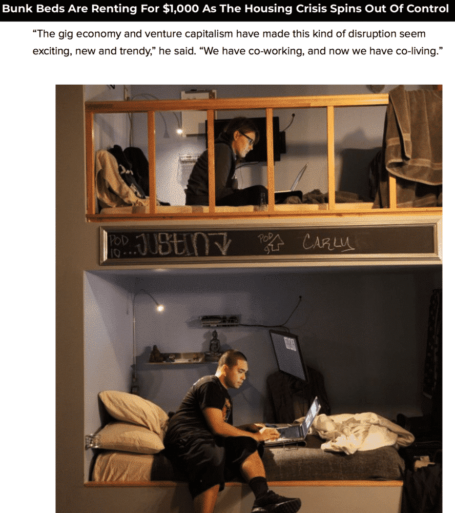 Two people using laptops in a bunk bed setup, highlighting the housing crisis, with text overlay.