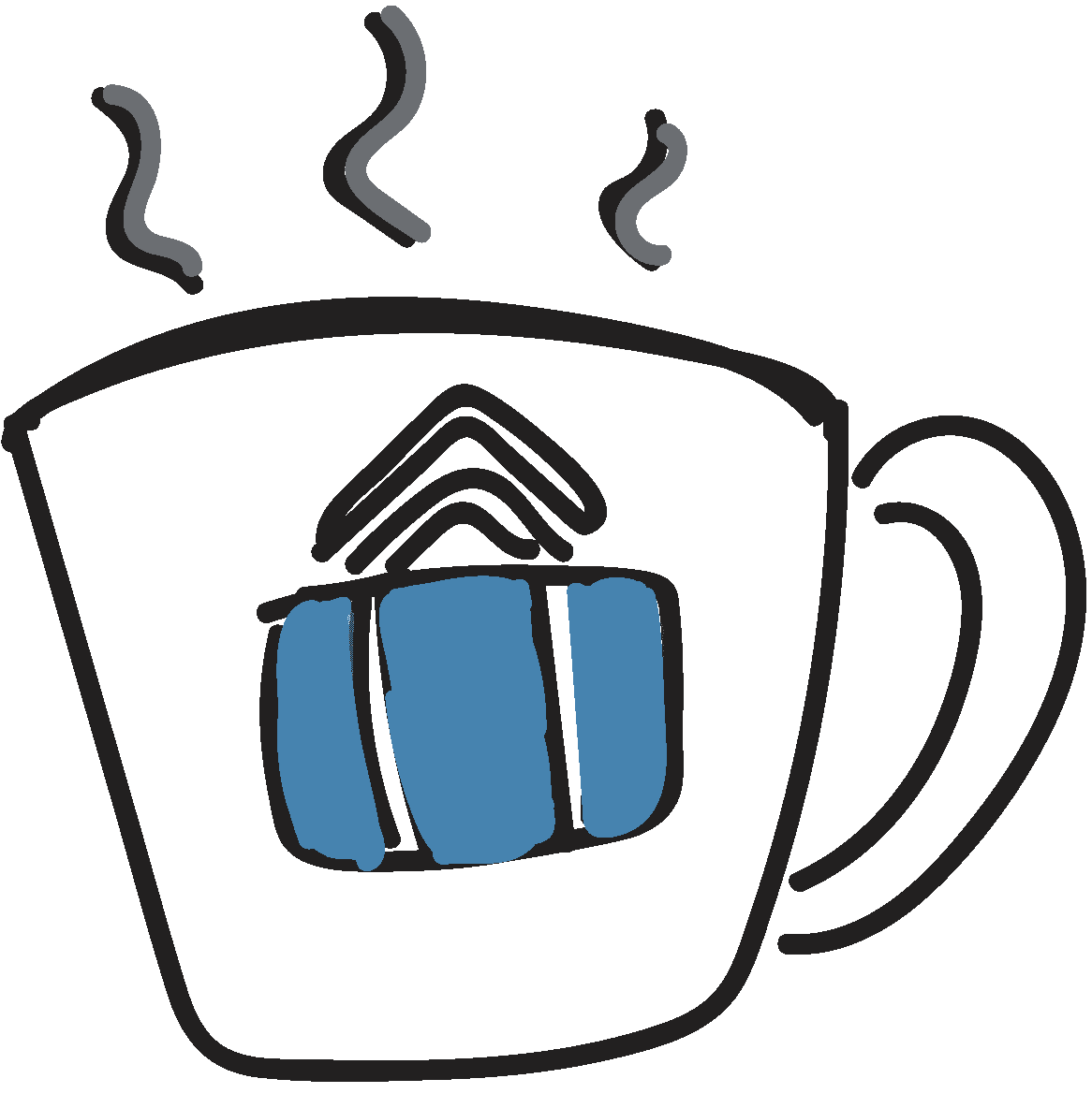 White mug with a blue suitcase graphic and steam rising.