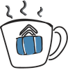 White mug with a blue suitcase and steam.