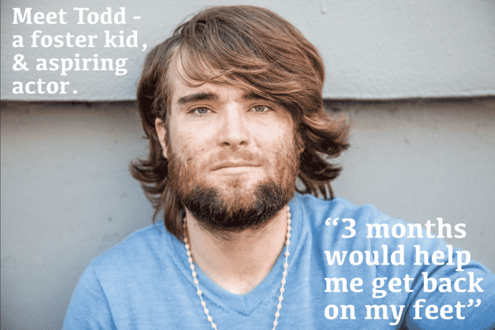 Todd, a foster kid and aspiring actor, is looking at the viewer. Quote: 