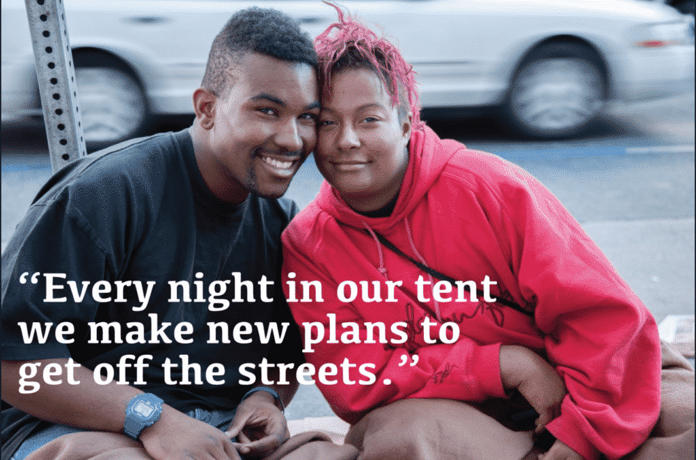 Couple smiles while sitting outside. Quote: 
