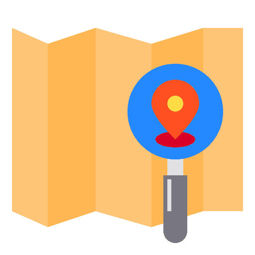 Map with a location pin in a magnifying glass, indicating a search for a specific place.