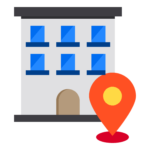 Building with blue windows and a location pin.
