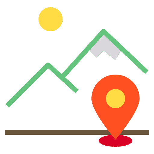 Mountains with a location pin below. Yellow sun.