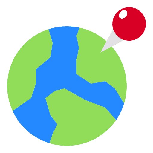 A green and blue globe with a red pin pointing to a location.