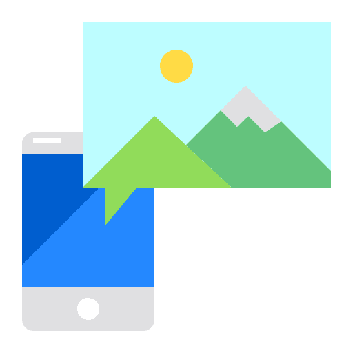 Smartphone displaying a landscape graphic: blue screen, mountains, sun.