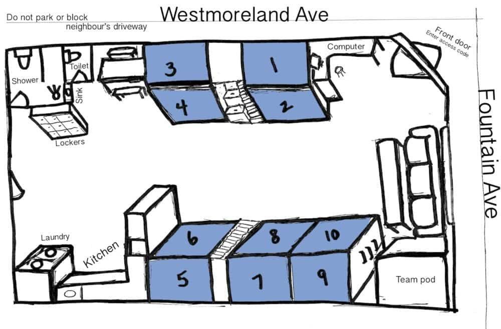 Diagram of a building layout with numbered rooms. Shows kitchen, laundry, and labeled streets.