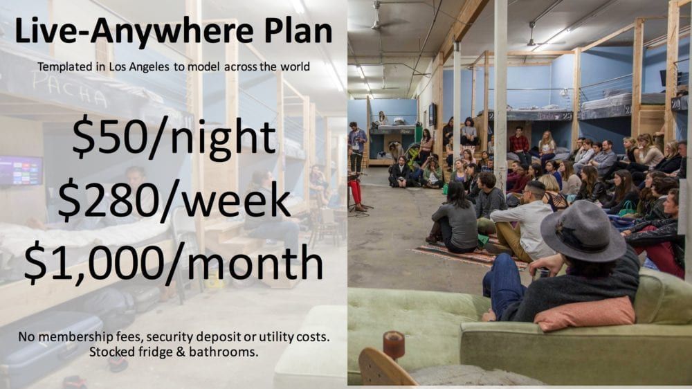 Text ad: Live-Anywhere Plan with pricing. People gather in large communal space.