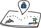 Map with dotted travel route, mountains, palm tree, ocean, and suitcase icon indicating a travel destination.