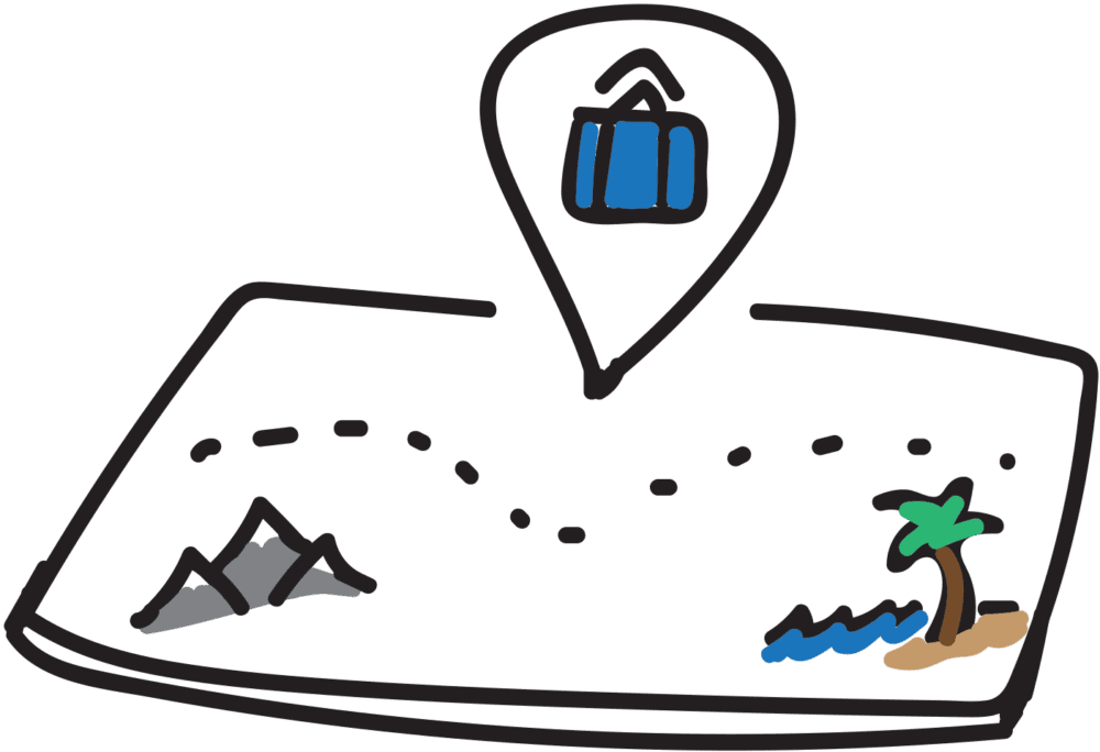 Map with dotted path, mountains, palm tree, and location pin with luggage icon.