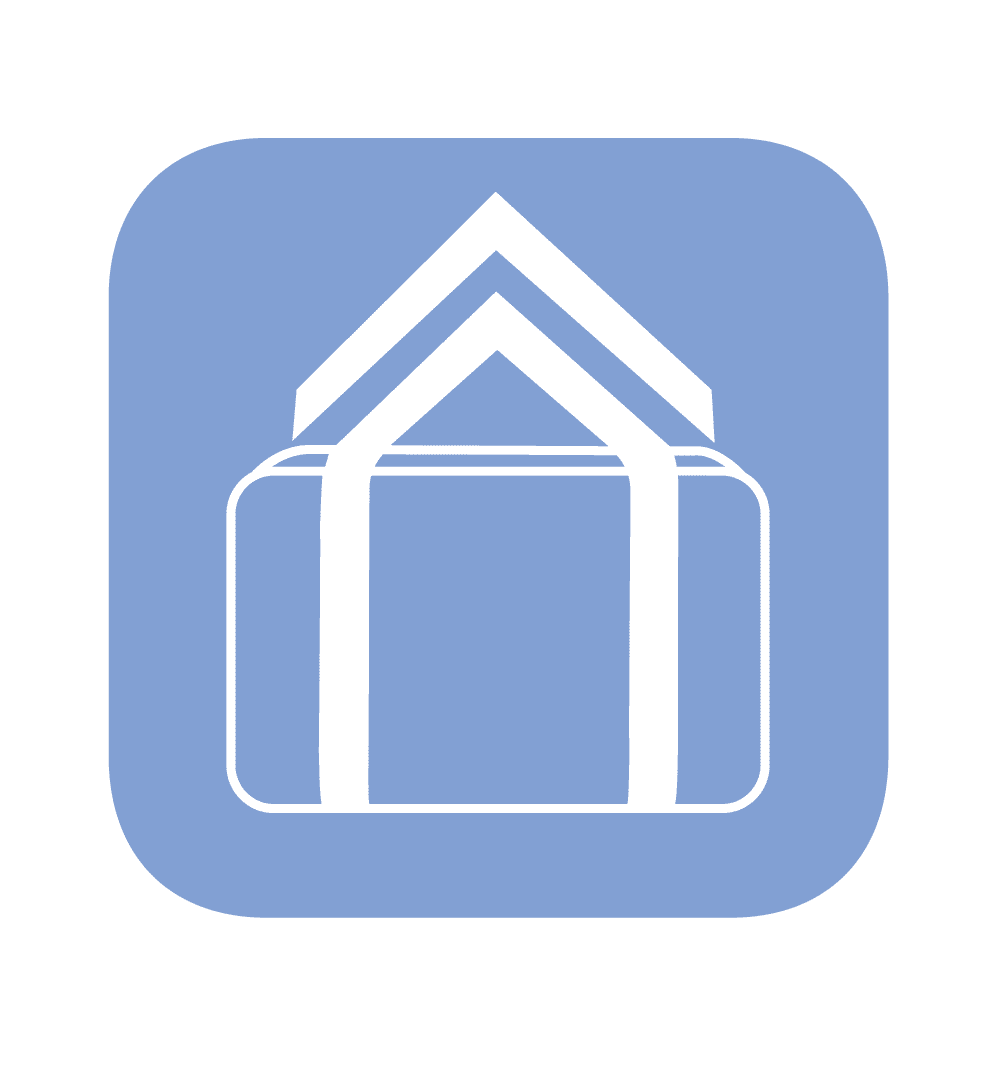 Blue square icon with white outlines of a bag with handles and a layered roof design.