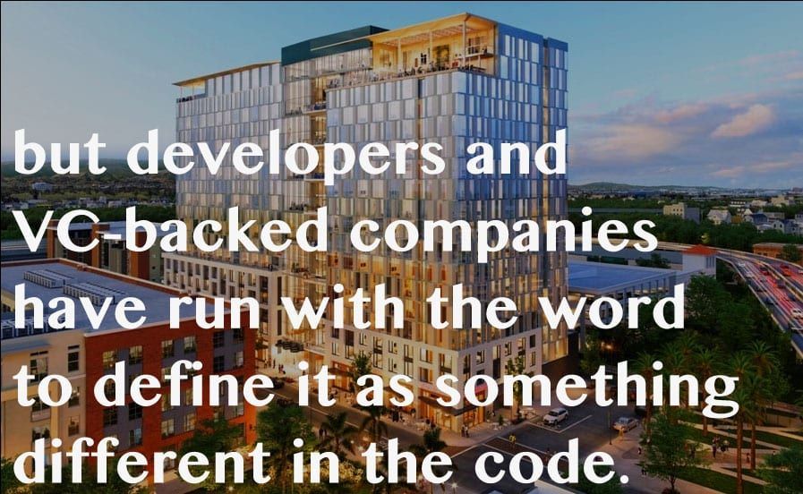 Text overlayed on a modern building: 