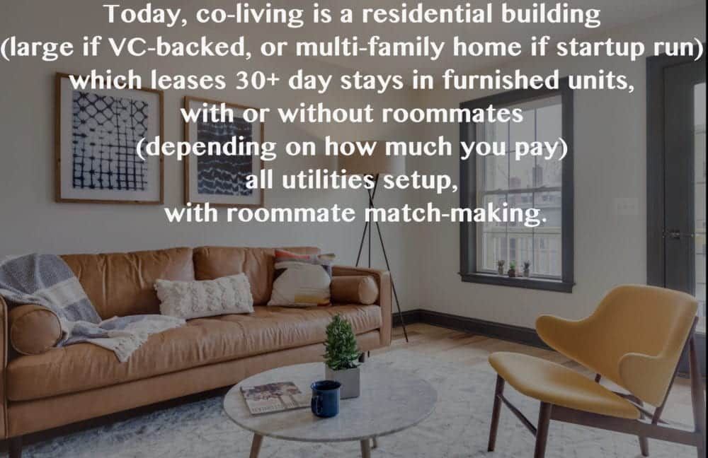 Living room scene with text about co-living: furnished units, utilities setup, and roommate matching.