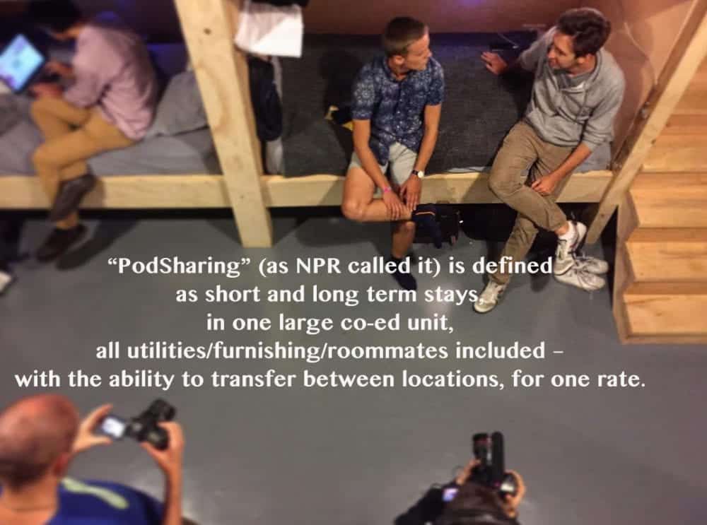 People in a shared living space, text describing 