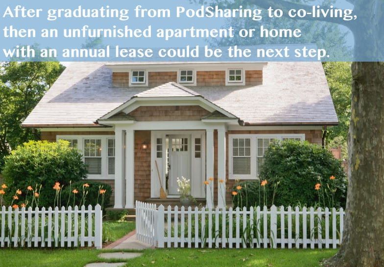 A white house with a picket fence and text about housing progression.