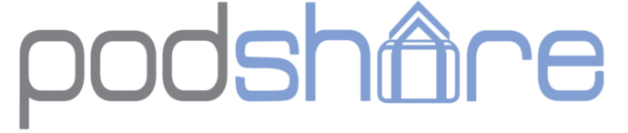 Podshare logo with gray and blue text and a small house icon.
