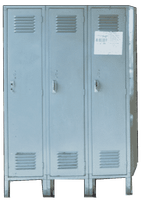 Three metal lockers in a row, painted light blue. Each has vents and a handle. A paper is stuck on the right locker.