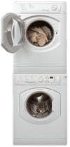Stacked white washing machine and dryer with open door showing laundry inside.