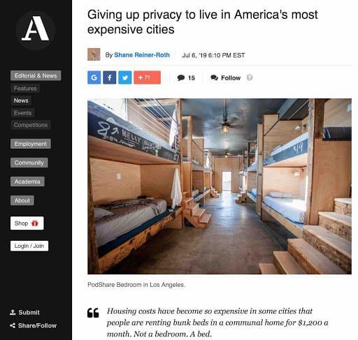 Shared bunk beds in Los Angeles communal home. Article discusses giving up privacy to live in expensive cities.